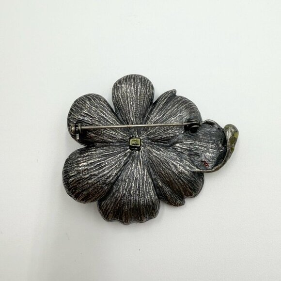 Vintage Teal Blue Enamel with Rhinestone Center Flower Brooch - Picture 4 of 5